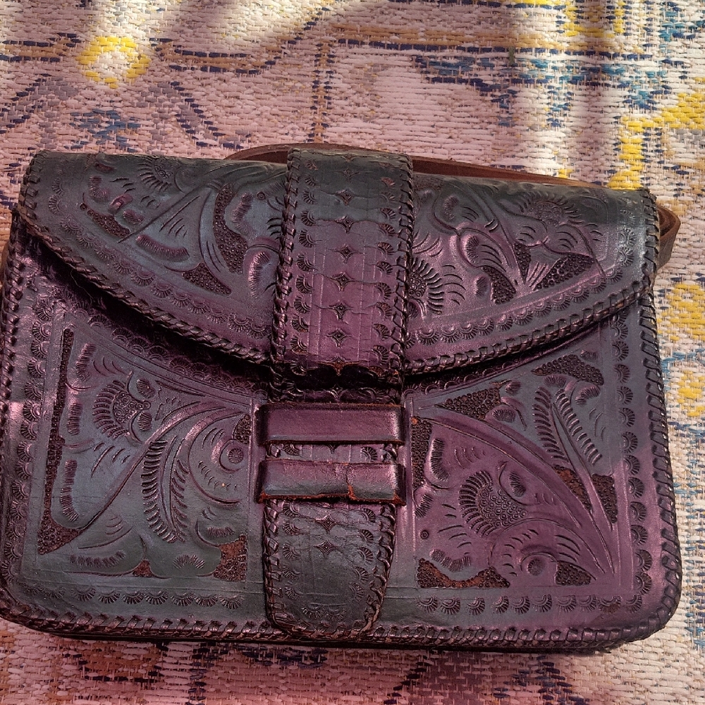 Mexican Embossed Black Leather Handbag